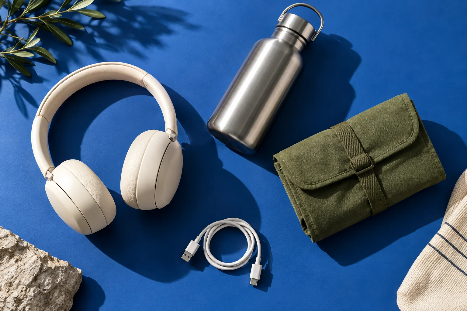 Kopfhörer, Trinkflasche, Tasche und Ladekabel auf blauem Untergrund